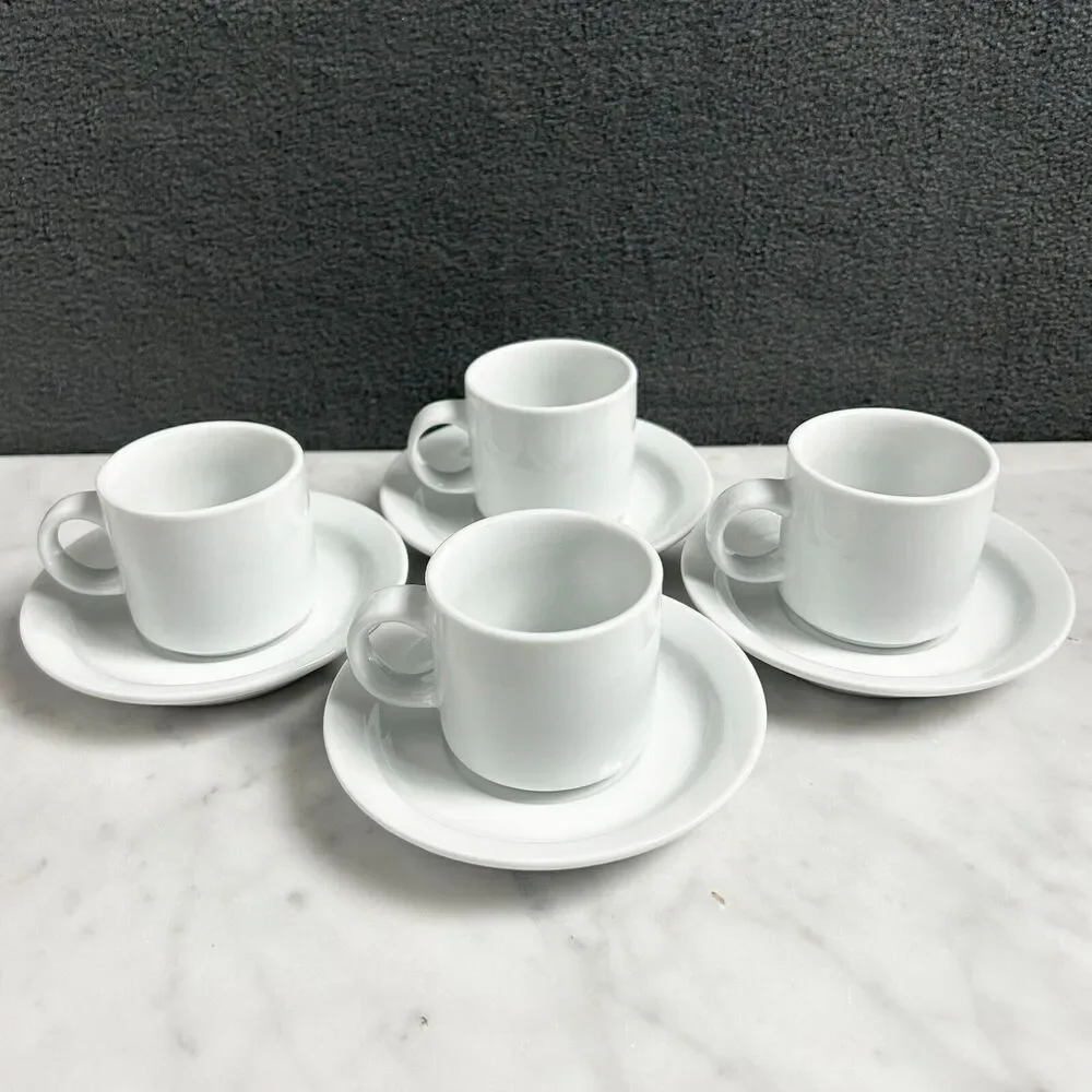Pier 1 White Porcelain Demitasse Cups Saucers Set of 4 Espresso Coffee